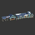 Cartoon Style Building Scene With Blue Roof Snow Covered Sign And Wooden Pillars