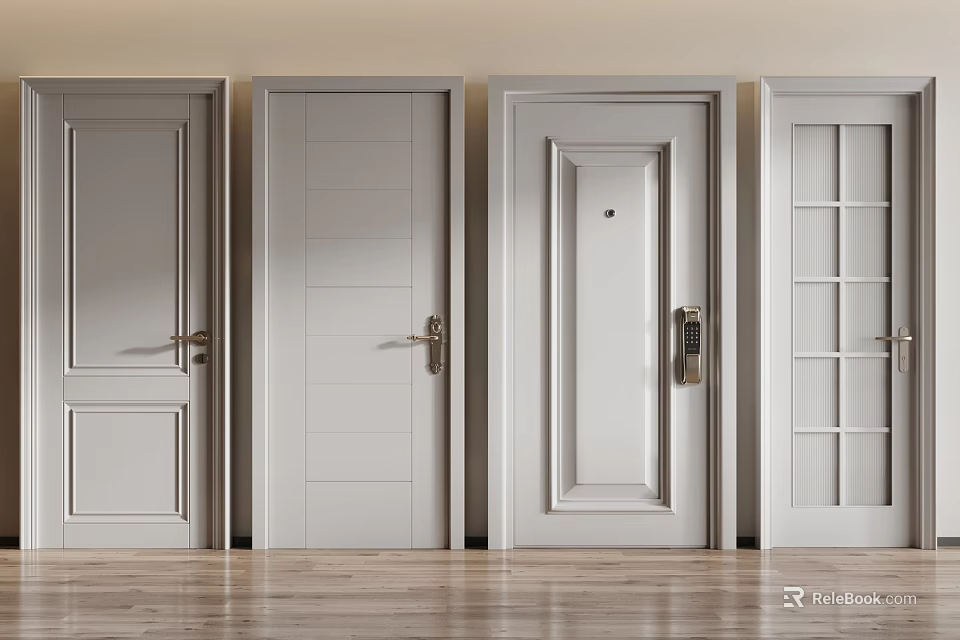 White Interior Hinged Doors With Various Designs In Light Wall Wooden Floor Room 3d model 