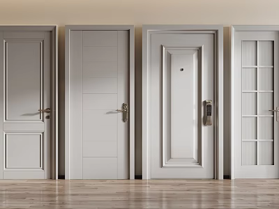 White Interior Hinged Doors With Various Designs In Light Wall Wooden Floor Room 3d model
