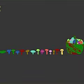 Colorful Mushrooms In A Row And Basket Filled With Mushrooms On Gray Reflective Floor