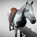 A gray and white horse with black spots brown saddle white mane and black tail
