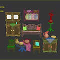 Wooden Home Furniture Collection With Green Cushioned Bench Table Chairs Vase Plates And Teapot