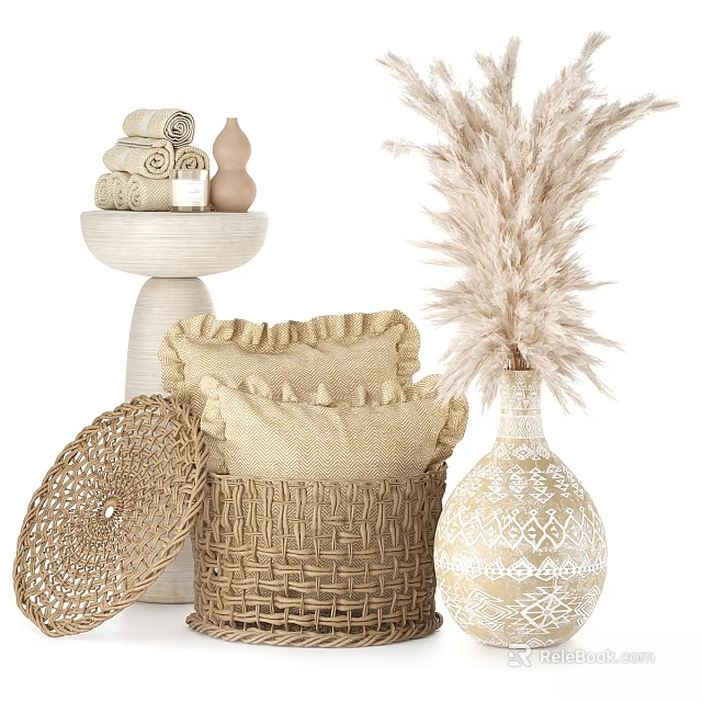 Bohemian Decorative Ornament Set with Rolled Towels Gourd Wicker Basket Cushions and Pampas Grass Vase 3d model 