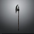 Medieval Battle Axe With Carved Wooden Handle And Curved Metal Blade Design