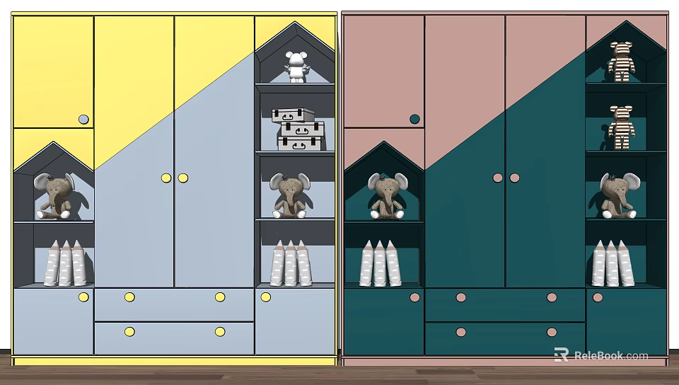 Colorful Kids Wardrobe with Cabinet Doors Drawers and Shelves Stuffed Elephant Toys and Storage Items 3d model 