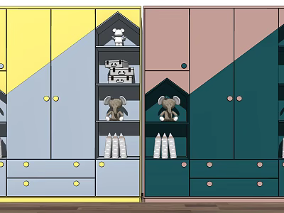 Colorful Kids Wardrobe with Cabinet Doors Drawers and Shelves Stuffed Elephant Toys and Storage Items 3d model