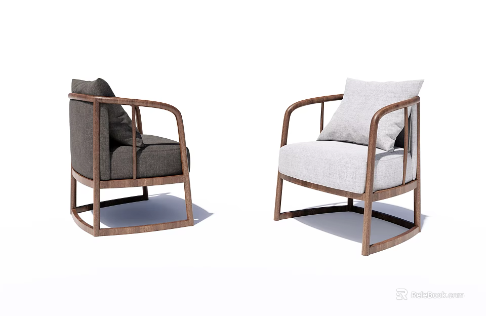 Two Modern Single Sofas with Wooden Frames Dark and Light Gray Upholstery 3d model