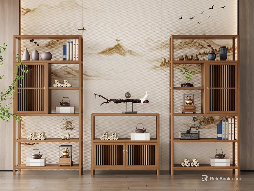 Chinese Style Wooden Curio Shelf With Vases Books And Ornaments For Home Decor 3d model 