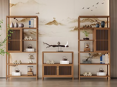 Chinese Style Wooden Curio Shelf With Vases Books And Ornaments For Home Decor 3d model