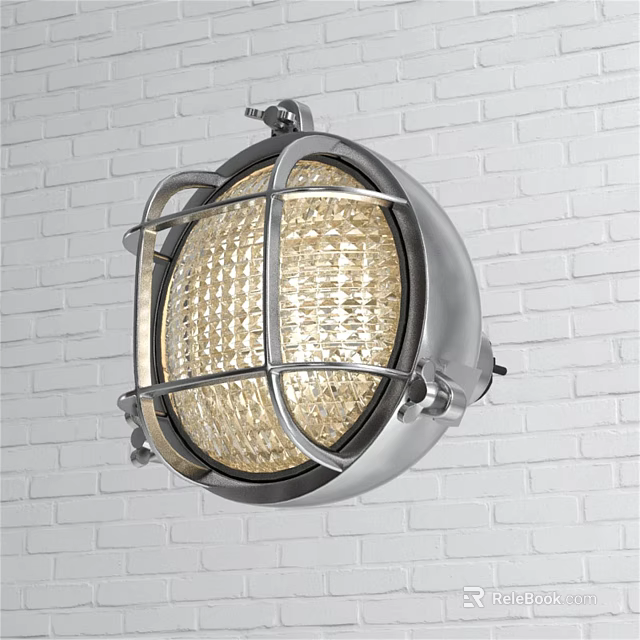 Industrial Metal Wall Lamp with Circular Grid Shade on White Brick Wall Emitting Warm Light 3d model 