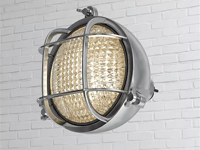 Industrial Metal Wall Lamp with Circular Grid Shade on White Brick Wall Emitting Warm Light 3d model