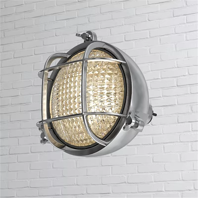Industrial Metal Wall Lamp with Circular Grid Shade on White Brick Wall Emitting Warm Light 3d model