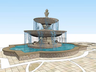 Classical Multi Tiered Fountain With Flowing Water And Paved Surrounding Area 3d model