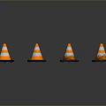 Four Orange And White Striped Traffic Cones Arranged On Gray Background Surface