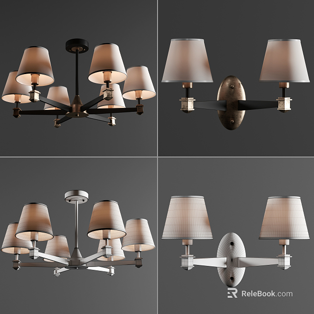 Modern Lighting Combinations With Chandeliers Wall Lamps Fabric Shades And Metal Frames 3d model 