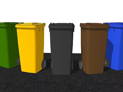 Colorful Trash Bins In Green Yellow Black Brown Blue With Wheels Lined Up 3d model