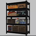 Multi tier Metal Shelf with Plastic Crates Woven Baskets and Cardboard Boxes for Organizing Supplies