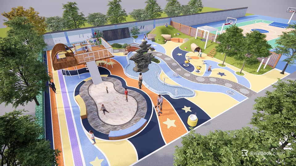 Playground Equipment With Colorful Ground Star Patterns Sandpit Climbing Structure And Slides 3d model