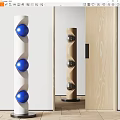 Creative Sculpture Carving Featuring White Spiral Column Blue Spheres Brown Wooden Background And Metallic Balls