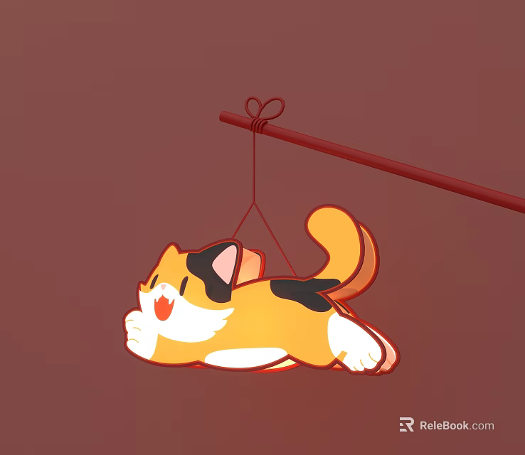 Cartoon Style Cat Lantern Hanging On Red Pole With Festive Design 3d model 