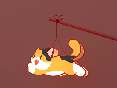 Cartoon Style Cat Lantern Hanging On Red Pole With Festive Design 3d model
