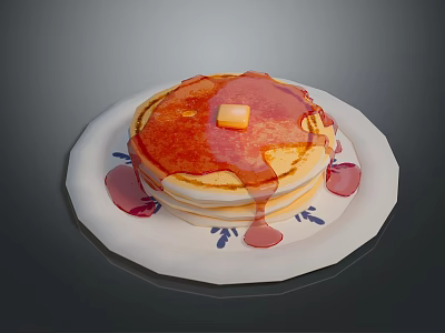 Fluffy Golden Pancakes with Melted Butter and Syrup on White Plate with Blue Floral Design 3d model