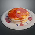 Fluffy Golden Pancakes with Melted Butter and Syrup on White Plate with Blue Floral Design