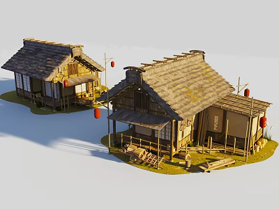 Traditional Japanese Architecture with Thatched Roof Wooden Structure and Red Lanterns on Porch Area 3d model