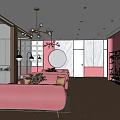 Modern Beauty Hair Salon Interior With Pink Theme White Reception Desk Pink Sofas And Chandeliers