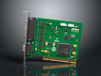 Electronic Circuit Board PCI Card With Integrated Circuits Connectors And Components On Green PCB 3d model
