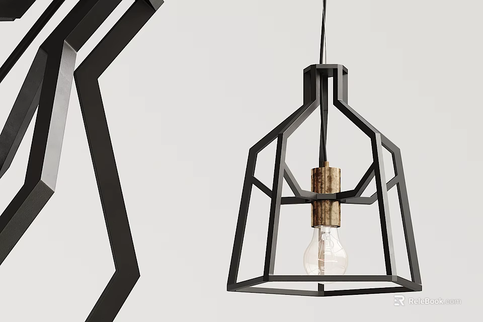 Modern Black Geometric Frame Chandelier With Wooden Accent And Light Bulb For Interior Decor 3d model 