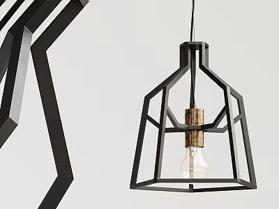 Modern Black Geometric Frame Chandelier With Wooden Accent And Light Bulb For Interior Decor 3d model