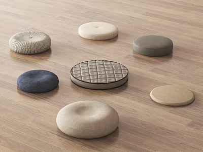 Various Soft Round Fabric Cushions In Different Colors On Wooden Floor 3d model