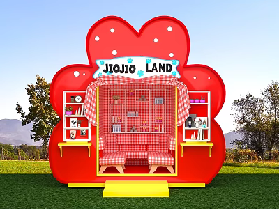 JIOJIO LAND Red Flower Shaped Interactive Area With Checkered Decor Seats Shelves And Green Lawn 3d model