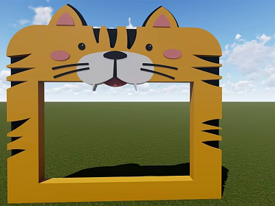 Yellow Tiger Head Frame With Black Stripes Pink Ears And Green Grass Background 3d model
