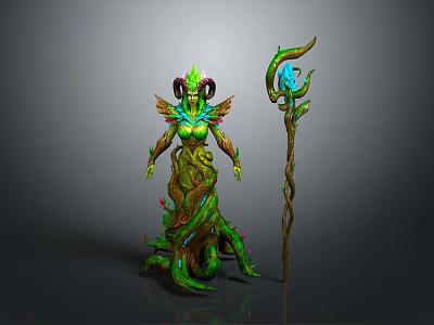 Horned Nature Guardian Creature Design With Plant Like Body And Blue Glowing Vine Staff 3d model