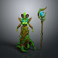 Horned Nature Guardian Creature Design With Plant Like Body And Blue Glowing Vine Staff