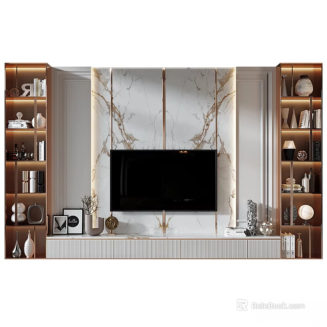 Modern TV Background Wall With Marble Panel Side Shelves And Decorative Accessories 3d model