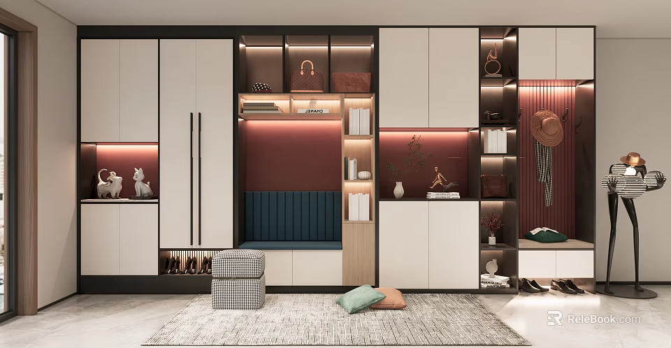 Modern Shoe Cabinet Interior Design With Storage Space Bench Decorative Elements And Rug 3d model 