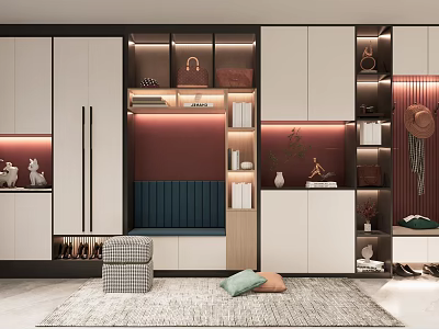 Modern Shoe Cabinet Interior Design With Storage Space Bench Decorative Elements And Rug 3d model