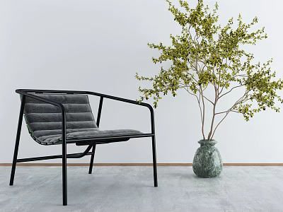 Modern Comfortable Leisure Chair With Black Metal Frame And Gray Cushion Near Green Plant 3d model