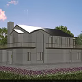Two Story Detached Villa With Light Exterior Gray Roof Glass Railing Balcony And Greenery Surroundings
