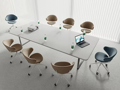Modern Conference Room Interior With Long Table Laptop Water Bottles Blue Brown Chairs And Blinds Background 3d model