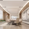 Modern Conference Room With Long Table Comfortable Chairs Large Screen And Display Shelves