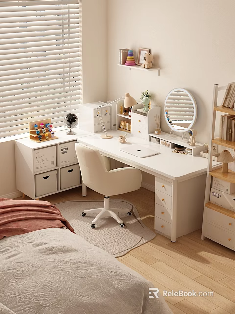 Modern Minimalist Leisure Chair In Cozy Study Room With White Desk Bookshelf And Blinds 3d model 