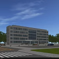 Modern Office Building With White Exterior Glass Windows Trees Green Lawn And Parking Area