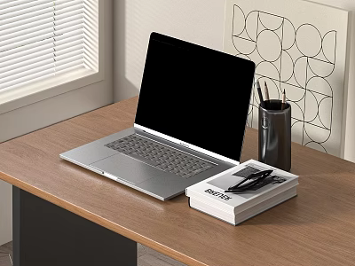 Modern Laptop Setup on Wooden Desk with Notebooks Pen Holder and Abstract Wall Art 3d model