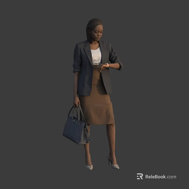 Business Woman in Gray Blazer White Top and Brown Skirt Checking Watch Holding Blue Handbag 3d model 