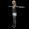 Blonde Woman With Arms Outstretched Wearing Black Jacket White Shorts Gray Boots Against Black Background
