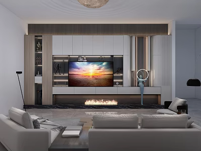 Modern Light Luxury Living Room With Custom TV Background Wall And Cozy Sofa Decorative Fireplace 3d model